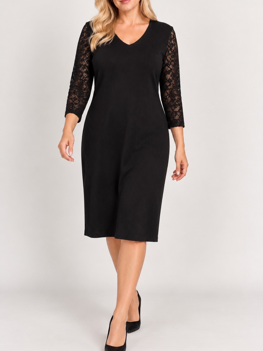 Jones New York Collection Woman 2X Black Tunic Dress Lace 3/4 Sleeves V-Neck